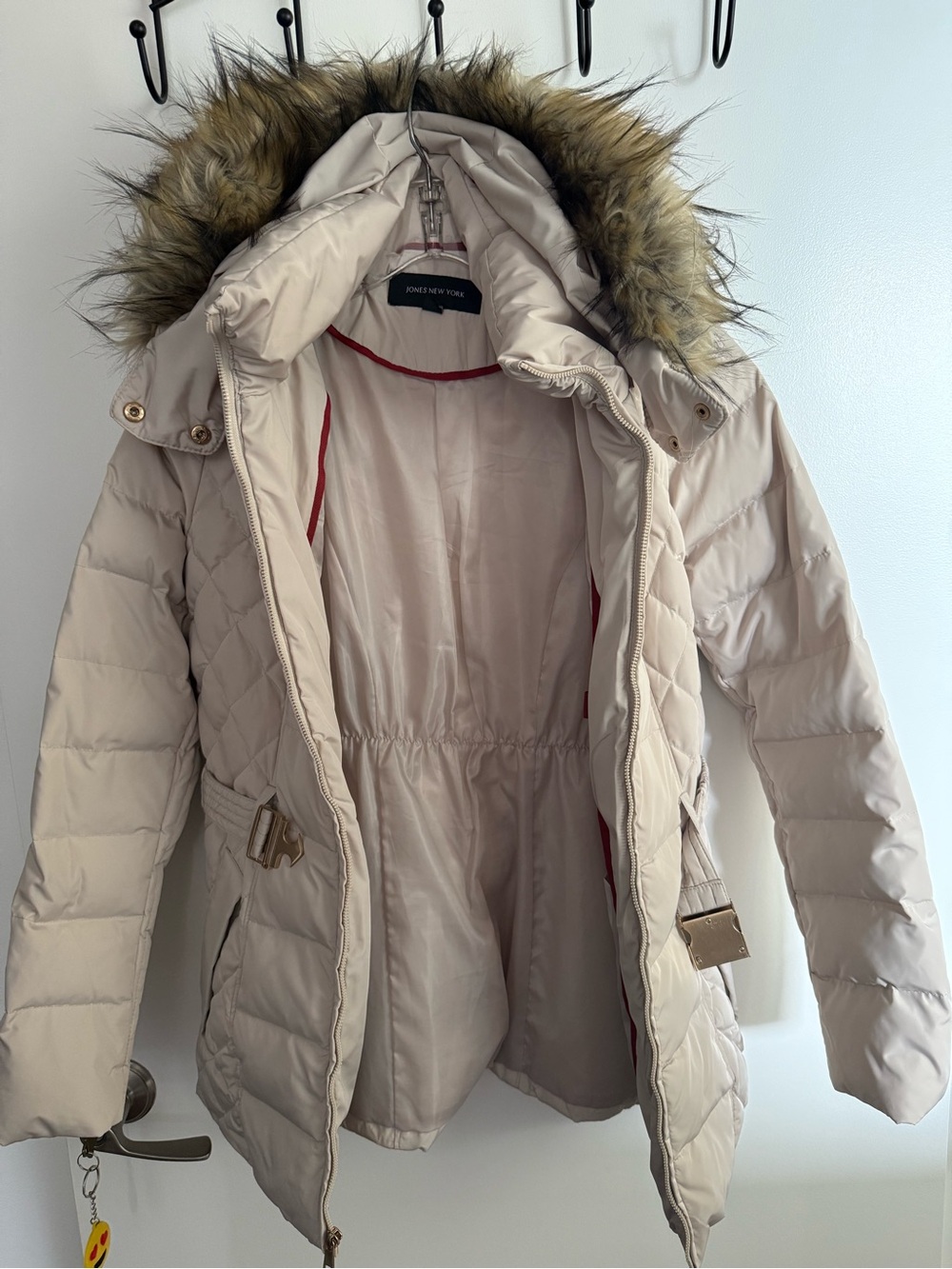Jones New York Light Cream Quilted Faux-Fur Hooded Puffer Coat